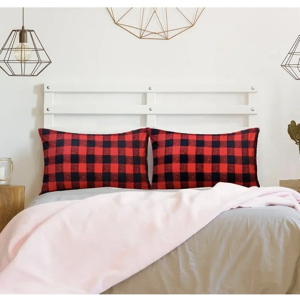 Tranqun Checkered Pillow Cases Queen Size Set of 2 Flannel Red